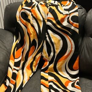 Retro Swirl Print Wide-Leg Pants in Black, Orange & Cream